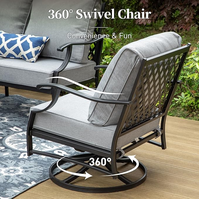 4 Piece Metal Outdoor Patio Furniture Sets with 5000 BTU Firepit Table, Patio Conversation Sets 1 3-seater Sofa, 2 Swivel Chair with 5.75" Thick Cushion, Black Backyard Furniture, Gray