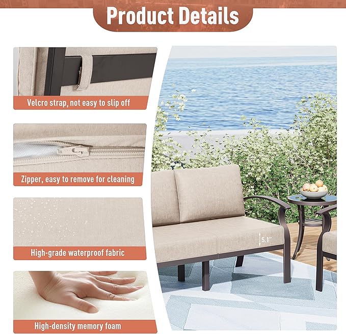 Kurapika Aluminum Patio Furniture Set 7-Seat Modern Metal Outdoor Conversation Sets w/Swivel Rocking Chairs Patio Sectional Sofa w/5.1 Inch Cushion, Sand