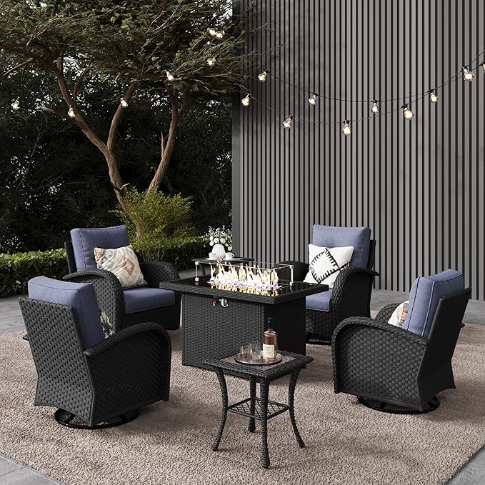 LayinSun 7 Pieces Outdoor Patio Furniture Set with Fire Pit Table, Rattan Wicker Sectional Swivel Rocker Chairs Sets