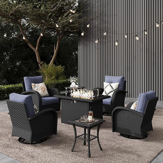 LayinSun 7 Pieces Outdoor Patio Furniture Set with Fire Pit Table, Rattan Wicker Sectional Swivel Rocker Chairs Sets