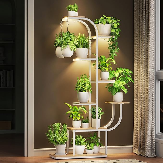 White Plant Stand, 7 Tier Tall Plant Shelf with Grow Light, Large Curve Shaped Lighted Plant Stand for Multiple Plants, Indoor Home Decor Display Rack