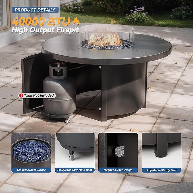 Kurapika 5 Piece Modern Metal Outdoor Conversation Sets, Patio Furniture Set, 4 Aluminum Swivel Chairs w/48in Round Propane Fire Pit Table and Thickened Cushions, Grey