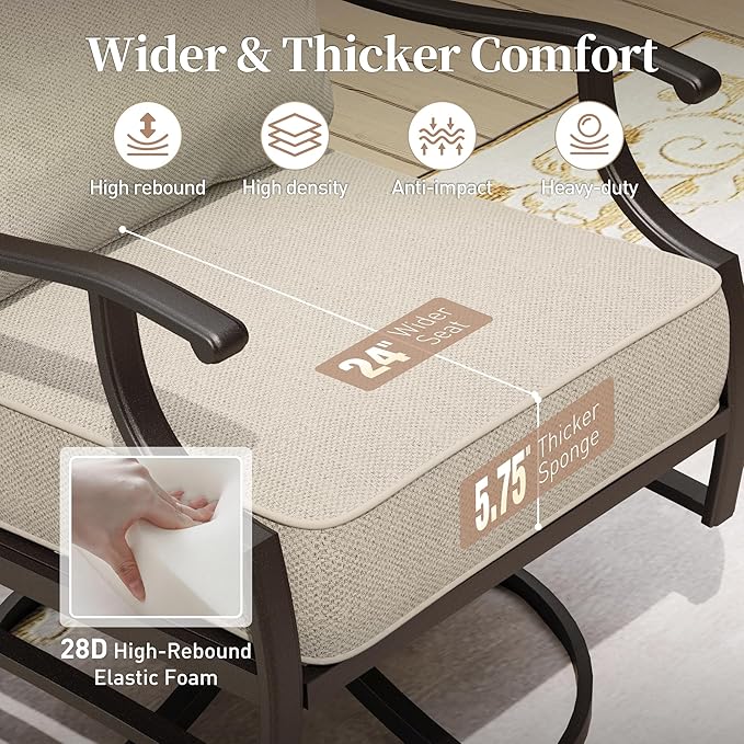 Patio Furniture Set with Firepit Table, 5 Piece Metal Outdoor Patio Furniture set for 4, 4 Swivel Chairs with 5.75" Extra Thick Cushion and Gas Firepit Table for Backyard Poolside Deck