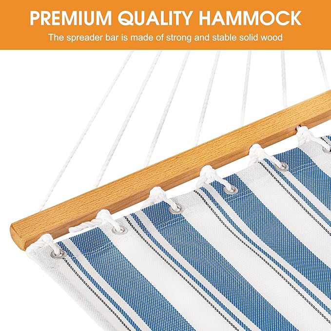 Lazy Daze Hammocks Quick Dry Hammock with Spreader Bar 2 Person Double Hammock with Chains Outdoor Outside Patio Poolside Backyard Beach 450 lbs Capacity, Blue Stripes