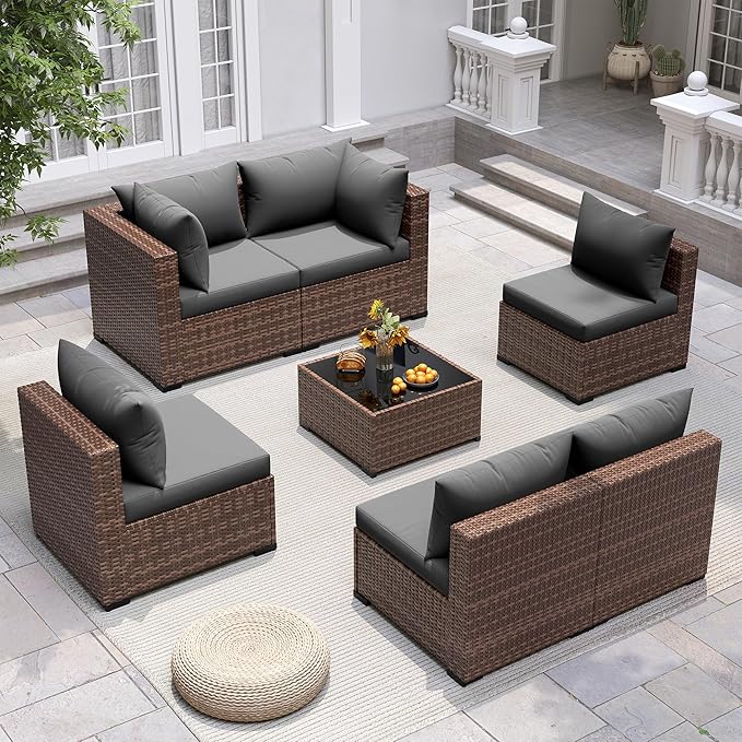 UDPATIO Patio Furniture Set, 7 Piece Outdoor Sectional Sofas with Wicker Coffee Table, Outdoor Patio Conversation Set for Garden, Backyard Dark Grey