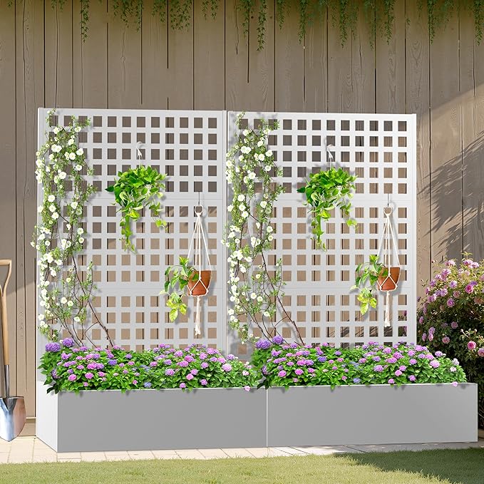 Metal Planter Box with Trellis, Heavy-Duty Raised Garden Bed for Climbing Plants, Drainage Hole, Outdoor Planter Box with Privacy Screen，47''L×16''W×71''H