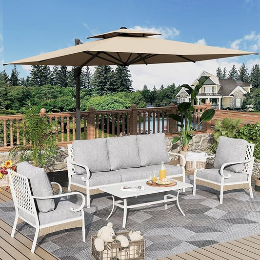 4 Piece Patio Furniture Set, 2 x Fixed Chair, 1 x 3-Seat Sofa with Marbling Coffee Table, 5 Seats Outdoor Conversation Set for Lawn Garden Backyard, Light Gray