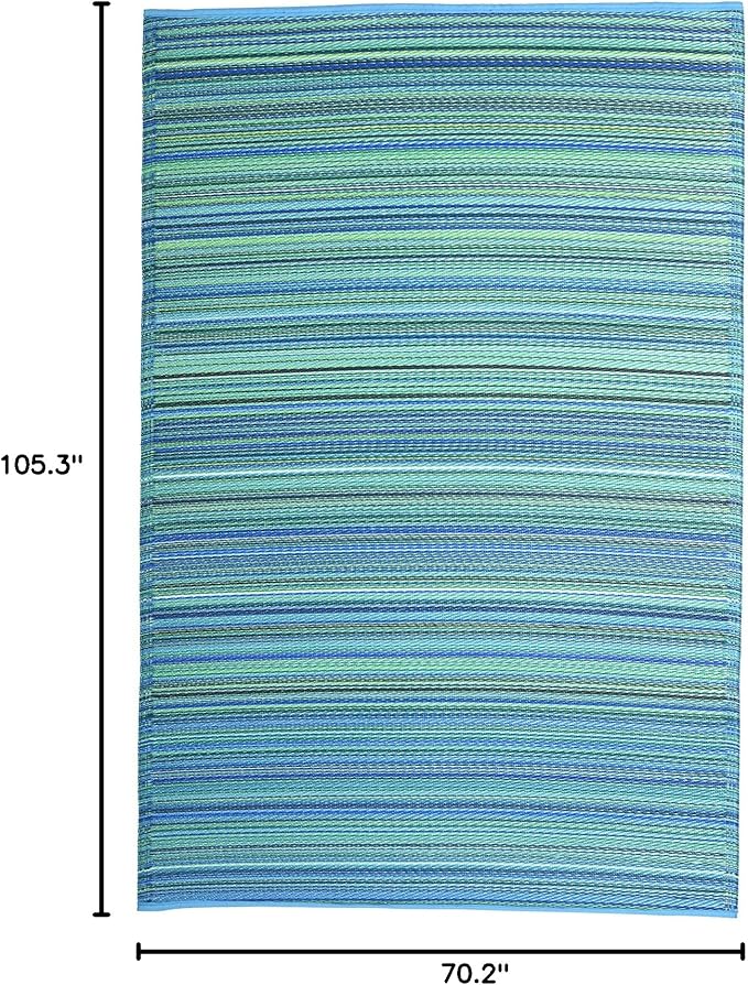 Fab Habitat Outdoor Rug - Waterproof, Fade Resistant, Crease-Free - Premium Recycled Plastic - Striped - Large Patio, Deck, Sunroom, Camping, RV - Cancun - Turquoise & Moss Green - 6 x 9 ft