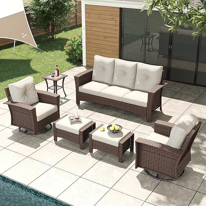 LayinSun 6 Piece Wicker Patio Furniture Set, Classis Outdoor Conversation 360 Degree Swivel Chairs Set with Coffee Table