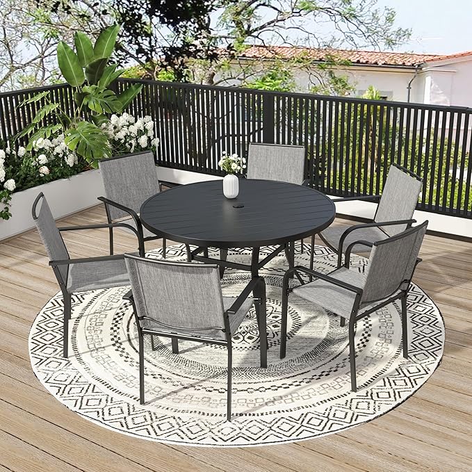 7-Piece Outdoor Dining Set, 48'' Round Table with 6 Stackable Chairs All Weather Furniture Set - Grey