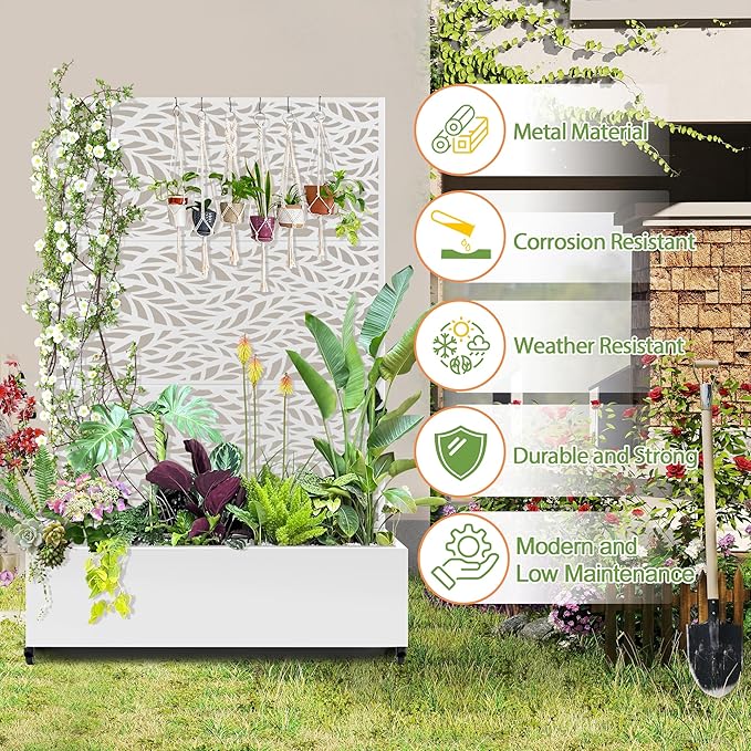 Raised Garden Bed with Trellis and Wheels,73"x47"x16" Metal Raised Garden Bed,White Flowing Leaf Metal Planter with Climbing Trellis for Vines & Vegetables