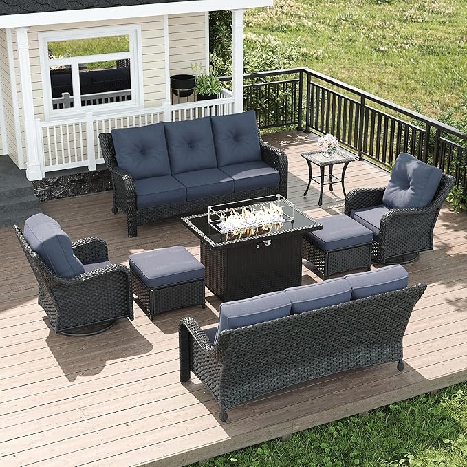 LayinSun 8 Piece Wicker Outdoor Furniture Set with 6-inch Comfy Cushions, High Back Patio Furniture Set with Swivel Rocking Chairs and Fire Pit Table