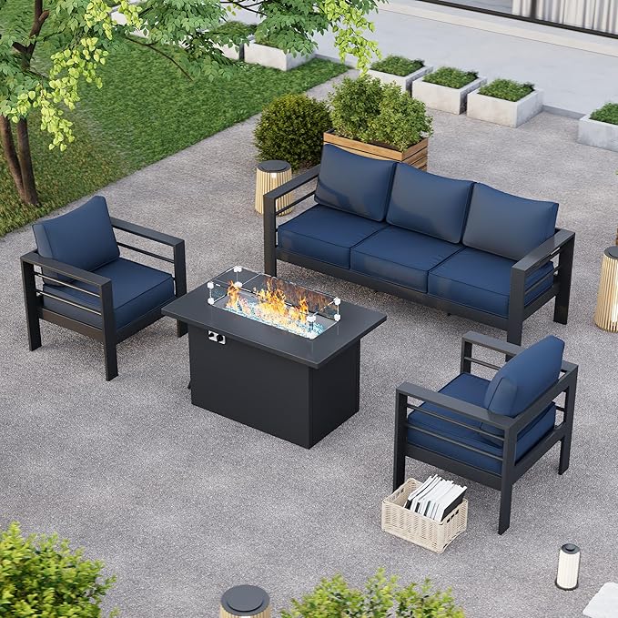 Patio Furniture Set with Fire Pit Table, Aluminum Patio Furniture Set,Grey and Blue Outdoor Metal Sectional Sofa with Aluminum Fire Pit Table for Garden Backyard (Include Waterproof Cover)