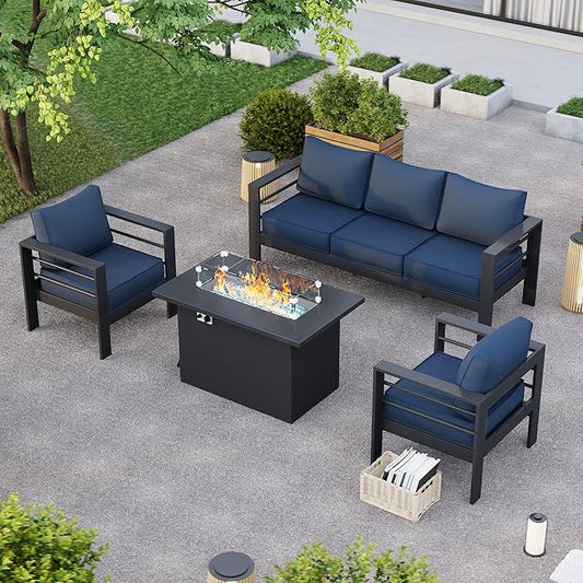 Patio Furniture Set with Fire Pit Table, Aluminum Patio Furniture Set,Grey and Blue Outdoor Metal Sectional Sofa with Aluminum Fire Pit Table for Garden Backyard (Include Waterproof Cover)