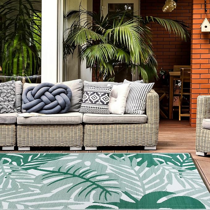 Rugshop Tropical Leaf Reversible Crease-Free Waterproof Premium Recycled Plastic Outdoor Rugs for Patio,Backyard,RV,Deck,Picnic,Trailer,Beach,Camping,Sunroom Green 5' x 7'