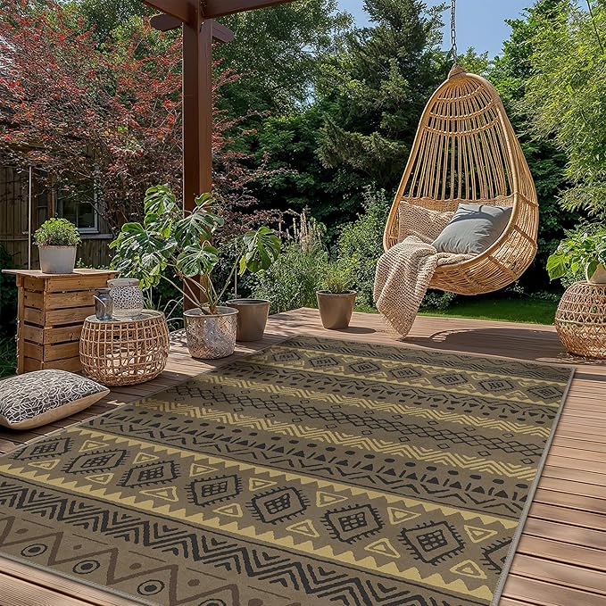 GENIMO Outdoor Rug for Patio Clearance, 8'x10' Reversible Plastic Straw Rugs, Lightweight Waterproof RV Camping Mat for Camper, Balcony, Deck, Backyard, Picnic, CoffeeBeige