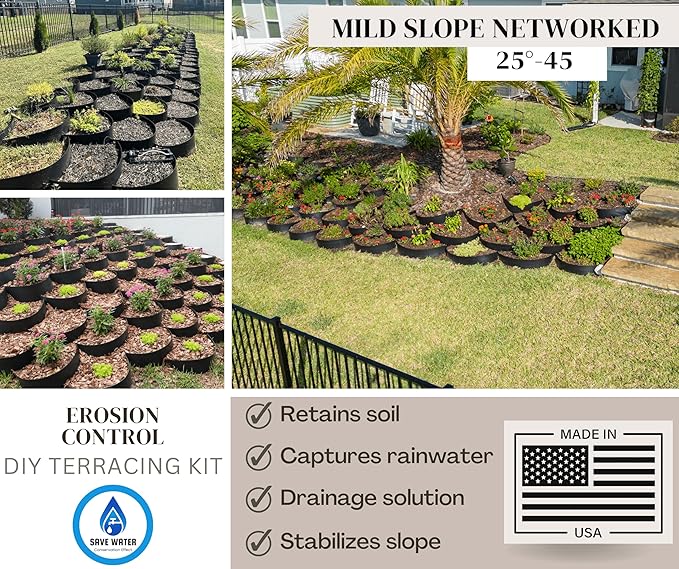 Dirt Locker Erosion Control Hillside Planters, 25-Pack-Brown—DIY-Raised Garden Bed Terracing Kit for Mild Slopes, 10°-24°-Geogrid Water Retention Planting Stabilizer-Retaining Wall Compatible