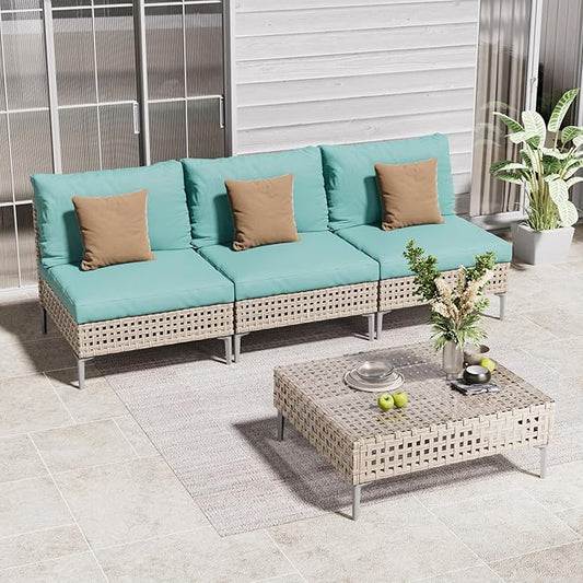 Grand patio 4-Piece Wicker Patio Furniture Set, Boho Outdoor Conversation Set Sectional Sofa with Water Resistant Thick Cushions and Coffee Table, Blue