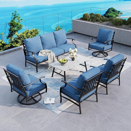 6 Piece Metal Outdoor Patio Furniture Set, Patio Conversation Sets 1 3-Seater Sofa, 2 Swivel Chair, 2 Leg Chair with 5.75" Thick Cushion and Coffee Table, Backyard Furniture Set, Navy