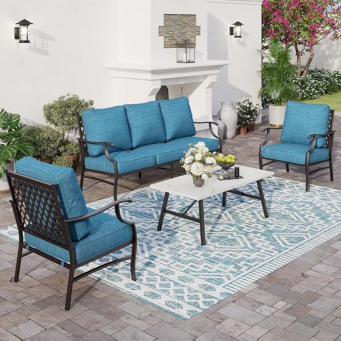 4 Piece Metal Outdoor Patio Furniture Set, Patio Conversation Set 1 3-seater Sofa, 2 Fixed Chair with 5.75" Extra Thick Cushion and Coffee Table, Black Frame Backyard Furniture, Blue-2