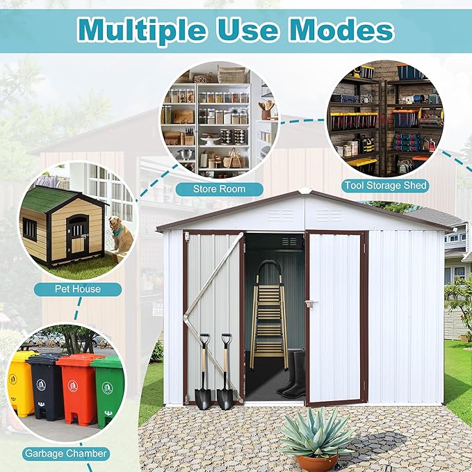 Sheds & Outdoor Storage 8 ft × 10 ft Storage Shed Large Classic Apex Roof Metal Garden Storage Sheds with Hinged Door Tool Cabinet for Backyard, Patio, Poolside, White + Coffee