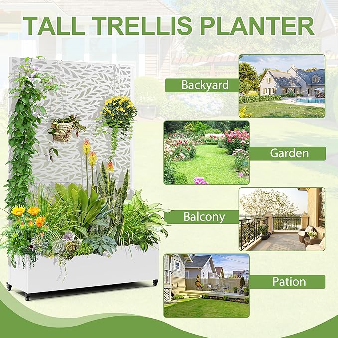 Raised Garden Bed with Trellis and Wheels,73"x47"x16" Metal Raised Garden Bed,White Flowing Leaf Metal Planter with Climbing Trellis for Vines & Vegetables