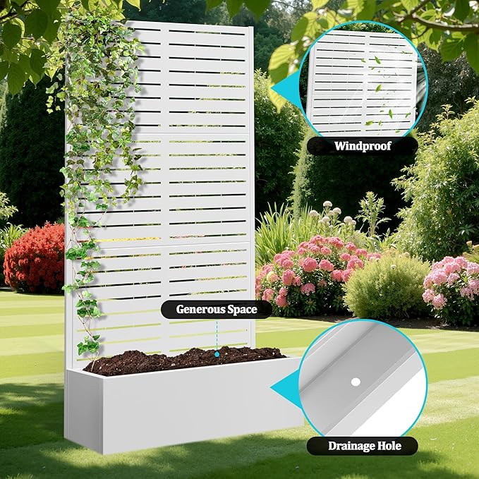 Metal Planter Box with Trellis, Planter Box with Privacy Screen, Privacy Trellis Outdoor for Climbing Plants with Drainage Holes, Raised Garden Bed for Vegetables