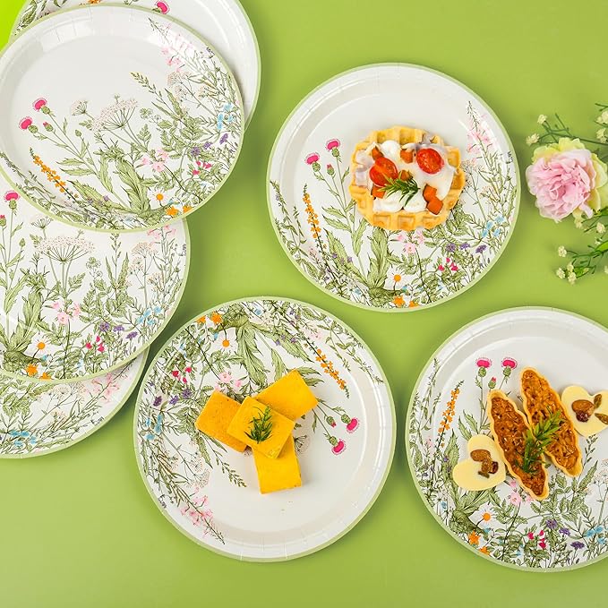 Wildflower Party Plates 9" Floral Paper Plates Botanical Green Leaves Herbs Disposable Party Supplies Spring Summer Vintage Garden Decorative Dinner Plates (48, Vintage Botanical)