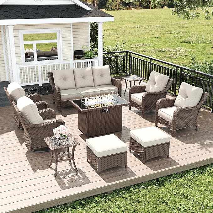 LayinSun 10 Piece Wicker Outdoor Furniture Set with 6-inch Comfy Cushions, High Back Patio Furniture Set with Swivel Rocking Chairs and Fire Pit Table