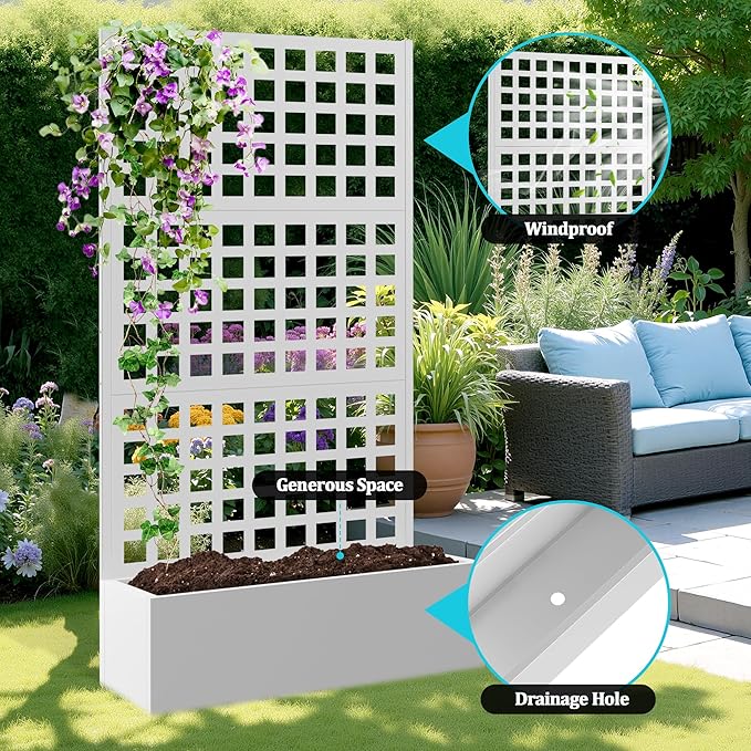 Metal Planter Box with Trellis, Planter Box with Privacy Screen, Privacy Trellis Outdoor for Climbing Plants with Drainage Holes, Raised Garden Bed for Vegetables