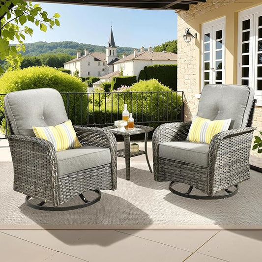 ovios 3 Pieces Patio Furniture Set, Outdoor Rocking Chairs of 2, Wicker Swivel Glider Chairs with Side Table Thick Cushions, All Weather Rattan Bistro Set for Porch, Dark Grey