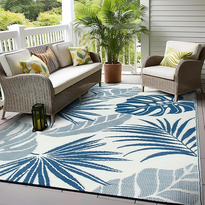 Rugshop Tropical Floral Leaf Reversible Crease-Free Waterproof Premium Recycled Plastic Outdoor Rugs for Patio,Backyard,RV,Deck,Picnic,Trailer,Beach,Camping,Sunroom Navy/Blue 7'10" x 10'