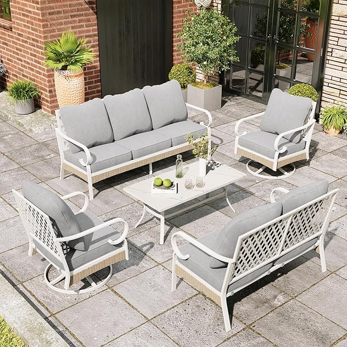5 Piece Patio Furniture Set, 2 x Swivel Chair, 1 x 2-Seat Sofa, 1 x 3-Seat Sofa with Marbling Coffee Table, 7 Seats Outdoor Conversation Set for Lawn Garden Backyard, Light Gray