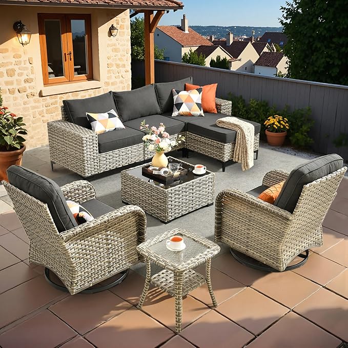HOOOWOOO Outdoor Sectional Furniture Set,8 Pieces Wicker Patio Conversation Sets,L Shape All Weather Outside Couch Sofa Set with Swivel Chairs Ottoman,Black