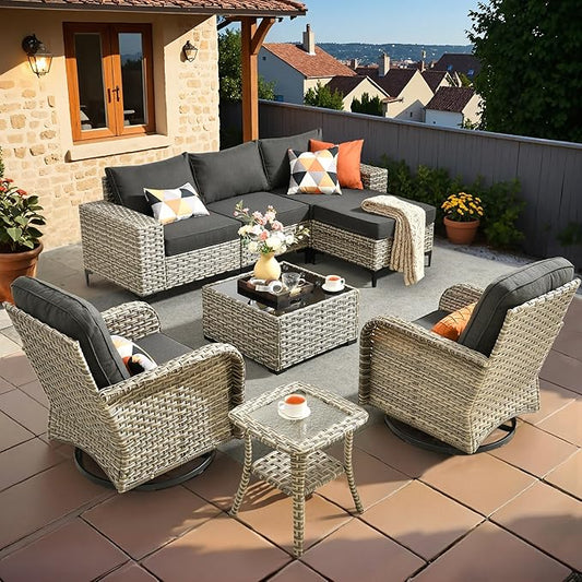 HOOOWOOO Outdoor Sectional Furniture Set,8 Pieces Wicker Patio Conversation Sets,L Shape All Weather Outside Couch Sofa Set with Swivel Chairs Ottoman,Black