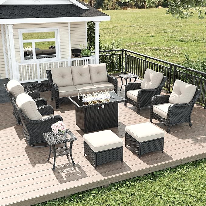 LayinSun 10 Piece Wicker Outdoor Furniture Set with 6-inch Comfy Cushions, High Back Patio Furniture Set with Swivel Rocking Chairs and Fire Pit Table