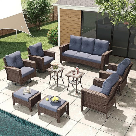 LayinSun 9 Piece Wicker Patio Furniture Set, Classis Outdoor Conversation 360 Degree Swivel Chairs Set with Coffee Table