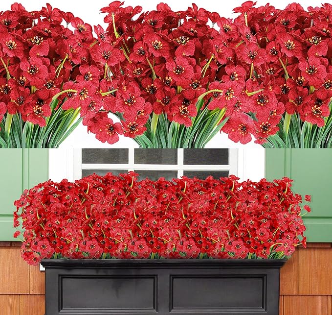 AmyHomie 20 Bundles Artificial Flowers for Outdoor UV Resistant Faux Flowers No Fade Fake Plastic Plants Garden Porch Window Box Decorating(Red)