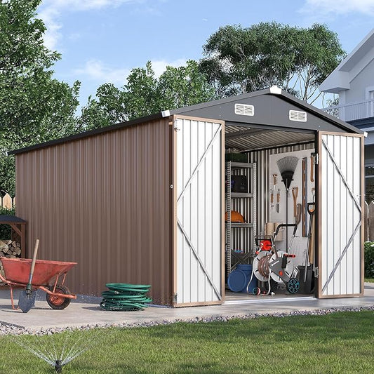 8×15FT Outdoor Storage Shed, Metal Garden Shed with Lockable Double Doors & Sloping Roof, Weather-Resistant Tool Shed for Backyard, Patio, Poolside Brown