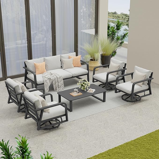 6 Piece Aluminum Patio Set with Swivel Rocking Chairs，All-Weather Outdoor Sofa, Deck Porch Furniture (Dark Grey)