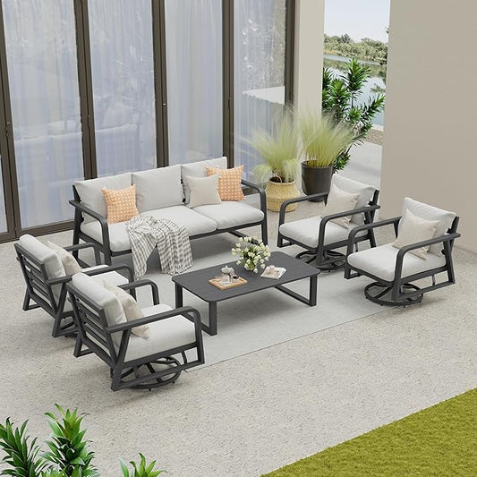 6 Piece Aluminum Patio Set with Swivel Rocking Chairs，All-Weather Outdoor Sofa, Deck Porch Furniture (Dark Grey)