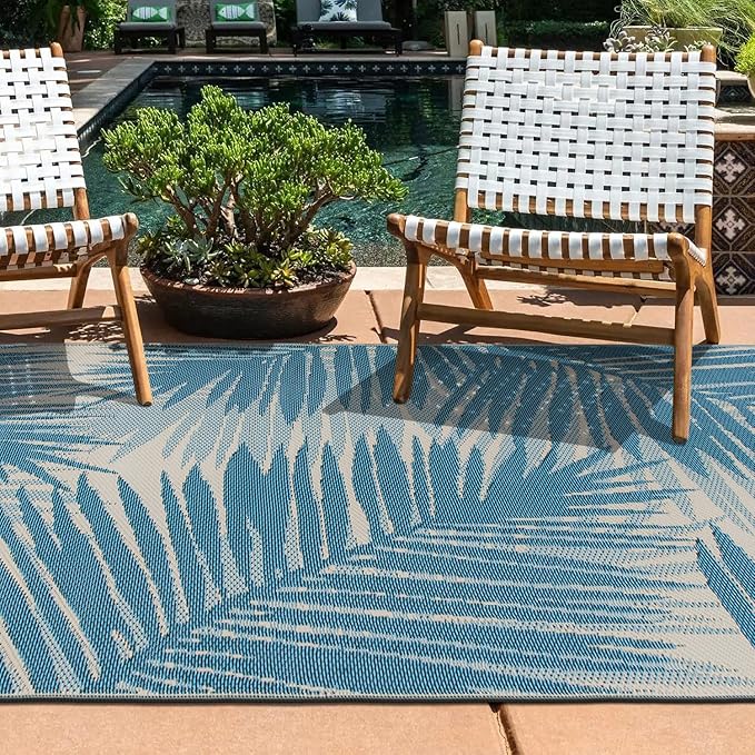 Rugshop Tropical Floral Reversible Crease-Free Waterproof Premium Recycled Plastic Outdoor Rugs for Patio,Backyard,RV,Deck,Picnic,Trailer,Beach,Camping Blue 5' x 7'