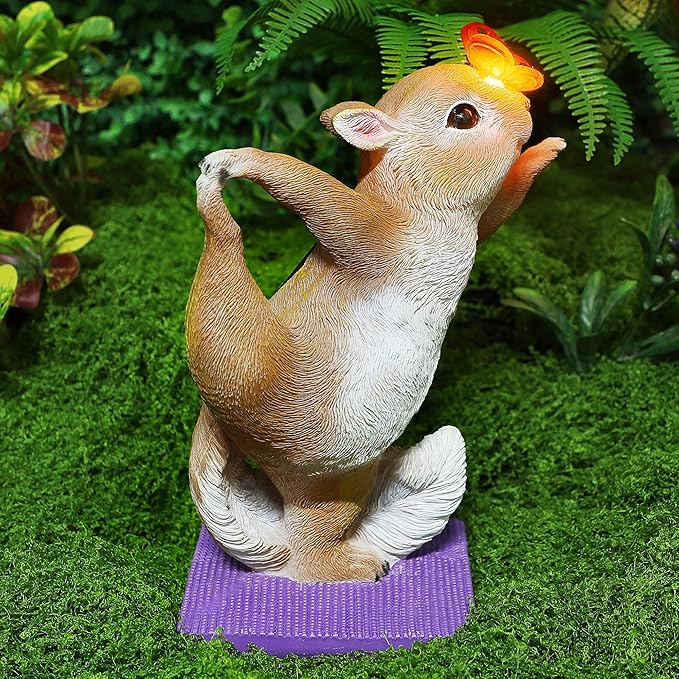 Solar Light Garden Statue Squirrel Figurine, Resin Squirrel Doing Yoga with Lighted Butterfly, Waterproof Spring Outdoor Ornaments for Garden, Front Door, Patio Decor & Gifts for Mother's Day