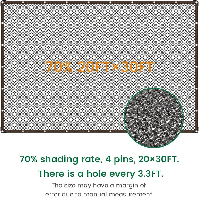 70% 20 X 30 FT Black Shade Cloth, Outdoor Sunblock Shade Cloth with Grommets, Durable Sun Shade Netting Shading Antifreezing for Patio, Garden, Plants Cover, Greenhouse, Barns, Dog Kennel