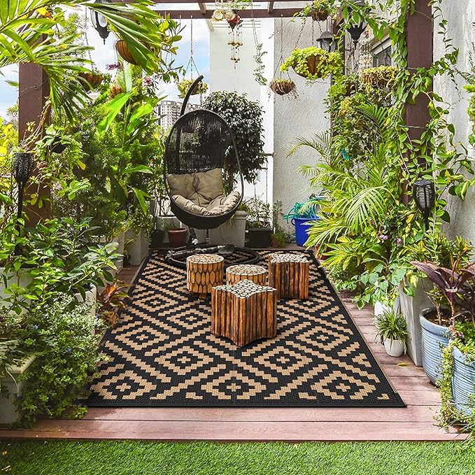 GENIMO Outdoor Rugs 8x10 Waterproof, Reversible Mats, Area Plastic Straw Rug, Outside Carpet, Geometric Rv Mat for Patio Camping Rv Picnic Backyard Deck Balcony Porch Beach Trailer (Black & Brown)