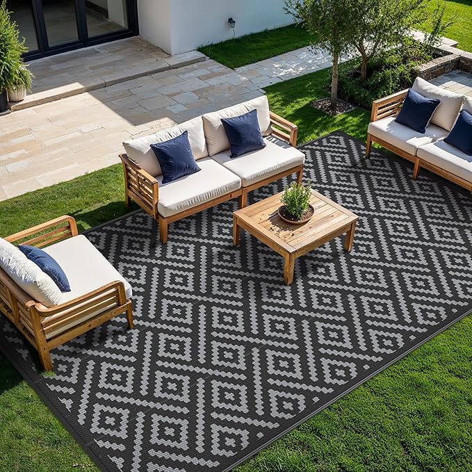 GENIMO Outdoor Rug Waterproof, 10' x 20' Reversible Plastic Straw Rug, Lightweight Large RV Camping Mat for Patio, Deck, Camper, Balcony, Backyard, Picnic, Black & Gray