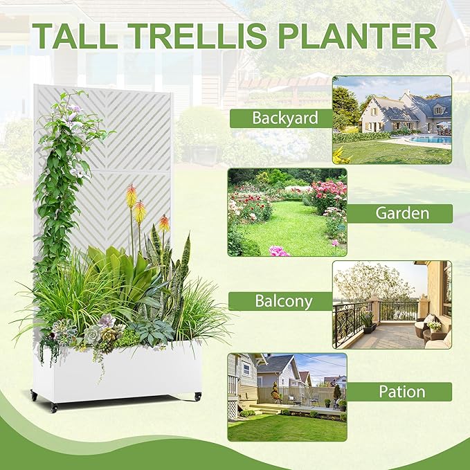 Raised Garden Bed with Trellis and Wheels,73"x35"x16" Metal Raised Garden Bed,White Parallel Metal Planter with Climbing Trellis for Vines & Vegetables