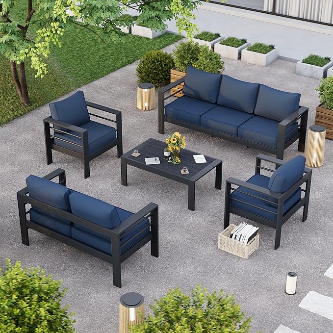 Aluminum Patio Furniture,Outdoor Metal Sectional Sofa with Table and Waterproof Covers,Grey and Blue Modern Patio Furniture Set for Garden Backyard (8-Piece)