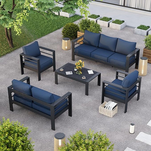 Aluminum Patio Furniture,Outdoor Metal Sectional Sofa with Table and Waterproof Covers,Grey and Blue Modern Patio Furniture Set for Garden Backyard (8-Piece)
