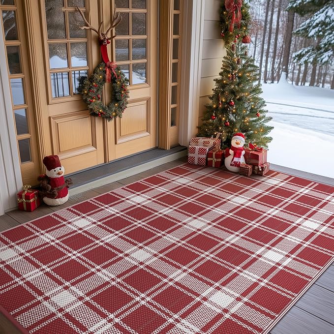 GENIMO Christmas Outdoor Rug for Patio, 5'x8' Waterproof Reversible Plastic Straw Rugs, Lightweight RV Camping Mat for Camper, Balcony, Deck, Backyard, Picnic, Red & White